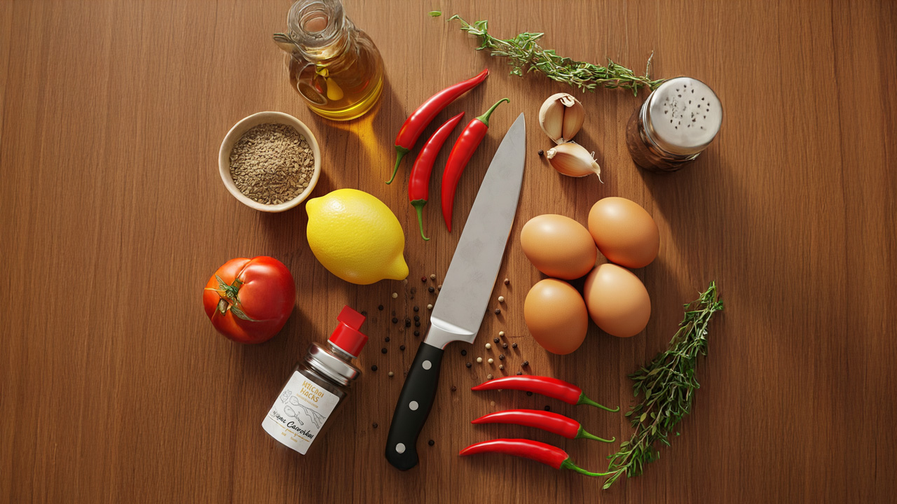 Colorful kitchen ingredients including lemons, green chilies, and pomegranates on a kitchen counter, showcasing easy kitchen hacks
